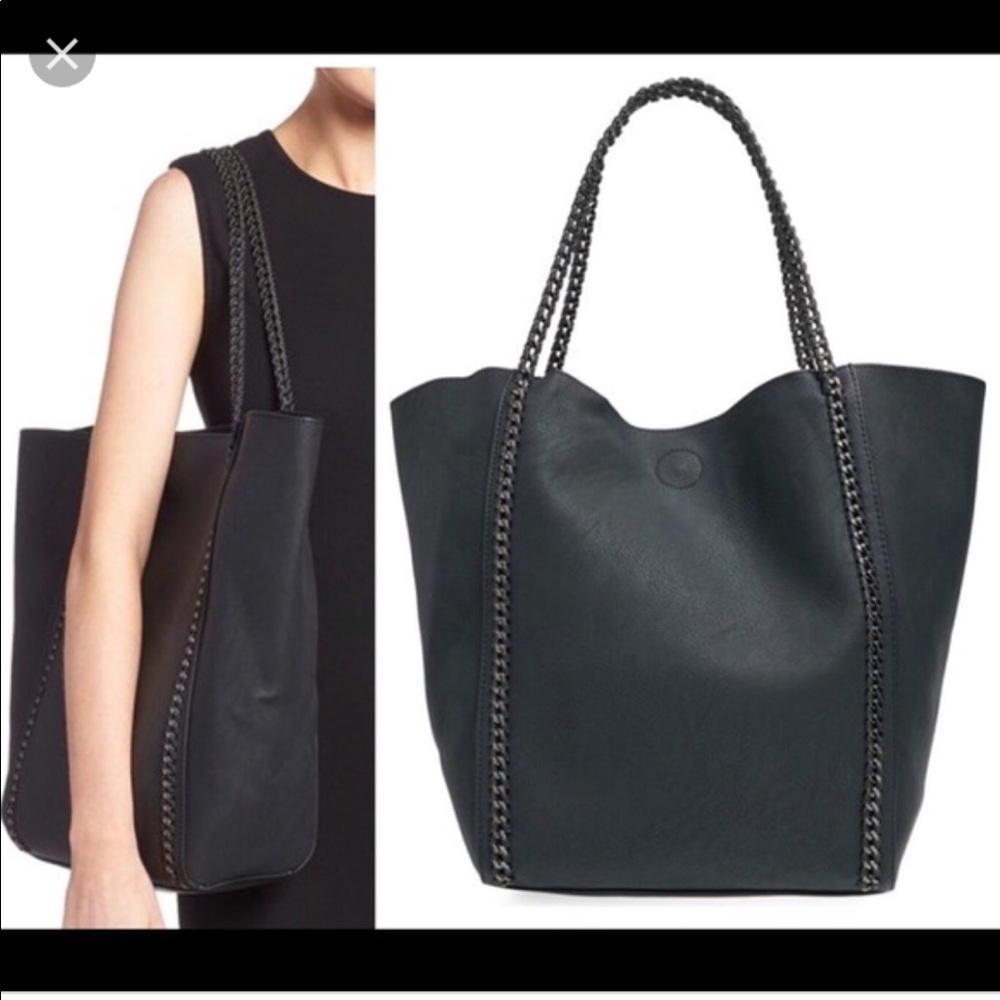 Phase 3 Black Chain Faux Leather Tote New W/O Tags